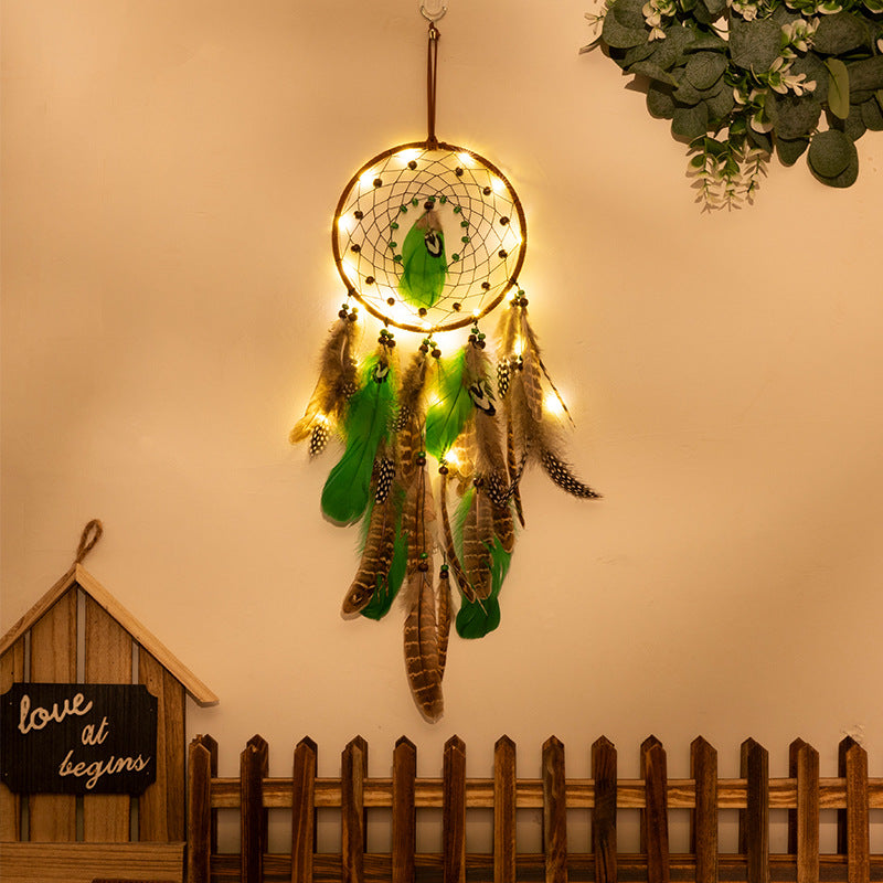 Indian Style Green Feather Dreamcatcher, Boho Forest Decor for Home, Handmade Dream Catcher Wall Hanging