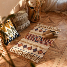 Load image into Gallery viewer, Nordic Style Hand Woven Cotton Linen Floor Mat - Cozy Geometric Rug with Fringed Edges
