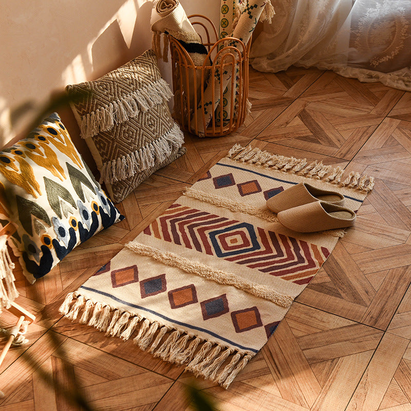 Nordic Style Hand Woven Cotton Linen Floor Mat - Cozy Geometric Rug with Fringed Edges