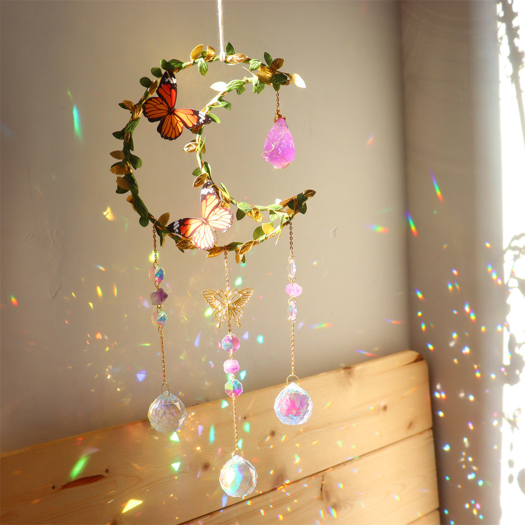 Crystal Suncatcher Wind Chime – Butterfly & Leaf Moon Garden Decoration for Light Reflection